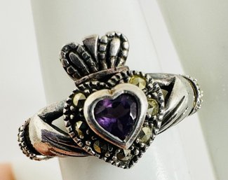 VINTAGE SIGNED SOLVAR STERLING SILVER AMETHYST AND MARCASITES IRISH CLADDAGH RING WITH TOUCHMARKS