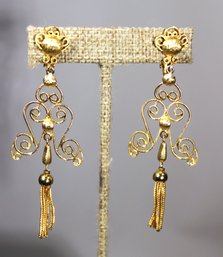 Pair 1980s Fancy Gold Tone Clip Earrings Dangles