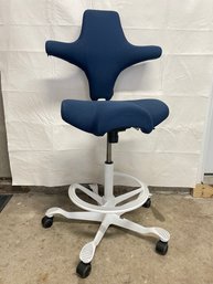 HAG Capisco Adjustable Standing Desk Chair - White Frame - Camira Era Cobalt Blue Seat