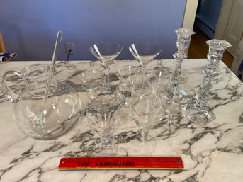 Great Collection Of Cocktail Glasses - 2 Riedel Martini, 1 William Yeoward, 2 Tiffany Style Candlestick Holder