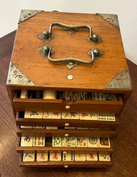 Antique Chinese Mahjong Set In Rosewood 5-Drawer Box With Brass Accents