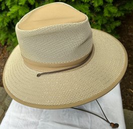 Ladies Small Canvas Henschel Hat USA Leather & Wood Bead Strap  Wide Brim Very Clean
