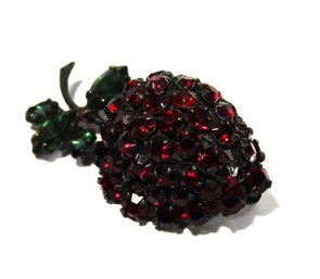 Vintage Red Rhinestone Fruit Black Tone Brooch Pin