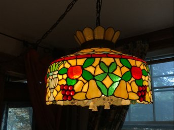 Quite Large Vintage Tiffany Studios Style Leaded Hanging Light Fixture - Great Colors - With Fruit Motif