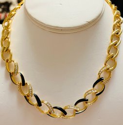 SIGNED NAPIER GOLD TONE BLACK ENAMEL AND RHINESTONE LINK NECKLACE