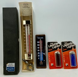Vintage Airguide Thermometer In Original Box, Taylor Thermometer & 2 Vintage Lighters New In Box