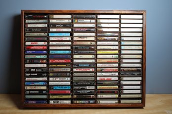 Wood Case Holding 100 Cassette Tapes - Lot Nine