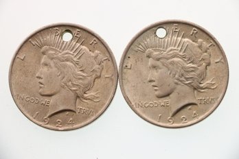 2 Holed Silver Peace Dollar Coins