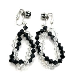 Vintage Black And White Beaded Clip On Earrings