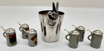 Vintage Napier Bartender's Measuring Cup With Peace Hand & 6 Hand Painted Plastic Mini Beer Steins