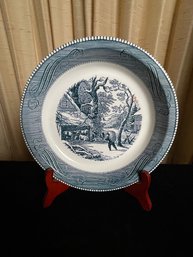 Vintage Currier And Ives Blue Pie Plate, A Snowy Morning Scene