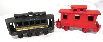 Cast Iron Red Caboose And 14 Trolley Train