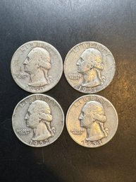 4 Silver Washington Quarters 1950-S, 1951-D, 1952-D, 1953