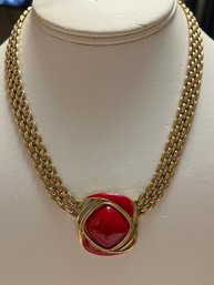 SIGNED TRIFARI GOLD TONE RED ENAMEL NECKLACE