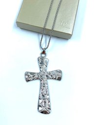 Large Embossed Silvertone Cross Pendant Necklace