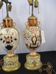 Pair Of Porcelain Flattened Ovoid Vases Mounted As Table Lamps