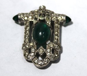 Art Deco White Paste Dress Clip Green Glass Stones 1920s