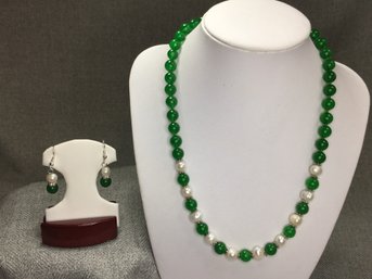 Beautiful Cultured Baroque Pearl & Necklace Set With Sterling - White Topaz And Green Jade Quartz Beads