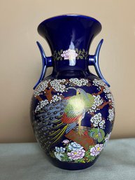 Vintage Cobalt Blue Peacock & Cherry Blossom Japanese Vase By Asahi