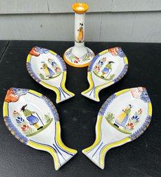 Four Quimper Of France Fish Dishes Paired With Quimper Candle Stick - Beautiful Condition!