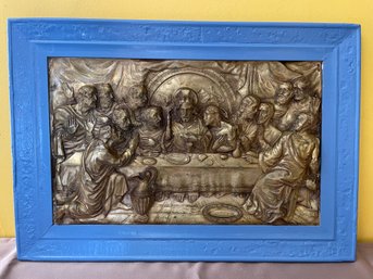 Vintage Framed Copper Relief Of The Last Supper.