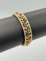 Gorgeous Multi Gemstone Floral Design Sterling Silver Golden Bracelet