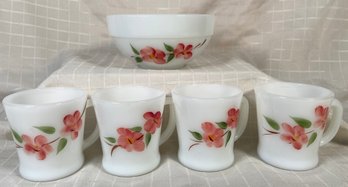 Vintage Anchor Hocking Fire King Milk Glass Cups And Bowl Set Hand Painted  Floral Design