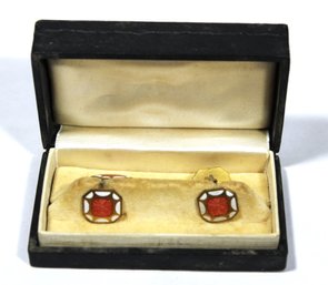 Pair Art Deco Enamel Cufflinks In Original Box Pink And White Gold Filled