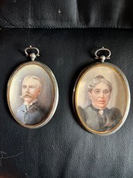 Pair Of Beaded Bezel Frame Pendants Inlaid With Antique Portraits
