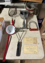 Vintage Kitchen Lot  Of - Soup Ladle, Masher, Pastry Blender, Sifter, Aluminum Juice, Strainer & More. AB/E4