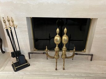 Vintage Brass Fireplace 'Lemon Top' Andirons And Tool Set - Gorgeous!