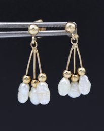 Elegant 3 Strand Fresh Water Pearl 14k Yellow Gold Drop Earrings