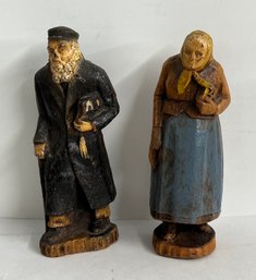 Vintage Wooden Carved Elderly Jewish Couple W/ Torah Books David Star