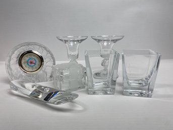 Dealer's Glass Lot: Pr. Candlesticks, Bulova Clock, Hoya Candleholder, Pr. Square Votives (7)