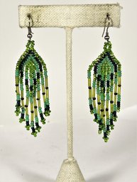 Pair Green Micro Glass Beaded Pierced Earrings