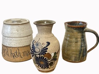 Three Pottery Pieces- Raffaela Italy Glazed Pitcher, Tonala Mexico Folk Art Vase & Biscuit Jar With Lid