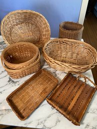 Assorted Wicker Baskets And Bamboo Tray