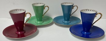 Intake Mid Century Colorful Cone Shaped Demitasse Set Of 4 Cups & Saucers - Puls Porcelain Czechoslovakia