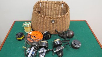 Lot Of Vintage Fishing Reels And Basket