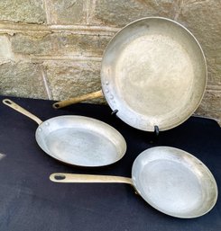 Three Tin Lined Copper Pans Two Round Saut One Oval E. Dehillerin & Lamalle NY, Made In France