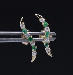 Unique Emerald & White Topaz Earrings In 14k Yellow Gold