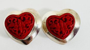 SIGNED SAJEN STERLING SILVER CARVED RED CINNABAR HEART EARRINGS