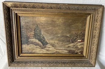 Fine Antique Circa 1860 Oil Painting In Original Frame- Ice Skaters On A Frozen Pond