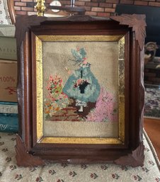 Vintage Wood Framed Needlepoint Art- Girl With Blue Bonnet Carrying Flowers