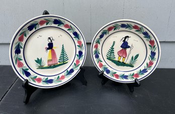 Vintage Pair Of Man And Woman Quimper Of France Bread Or Side Plates