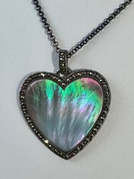 GORGEOUS STERLING SILVER MOTHER OF PEARL AND MARCASITE HEART NECKLACE