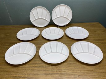 (8) Vintage Mid Century California USA Pottery White Divided Fondu Sushi Plates.
