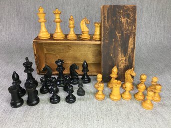 Lovely Antique French Chess Set - Hand Carved Wood - In Original Slide Top Box - Larger Pieces Marked FRANCE