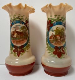 Antique Mantle Server Pair Bristol Glass Vases - Hand Painted Tudor English Cottage Fluted