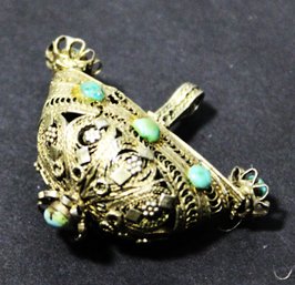 Antique Silver And Genuine Turquoise Basket Pendant